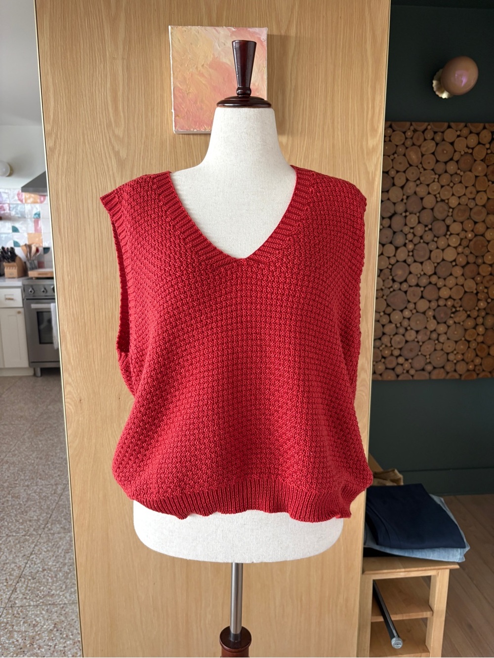 Red V-Neck Knit Sweater Vest